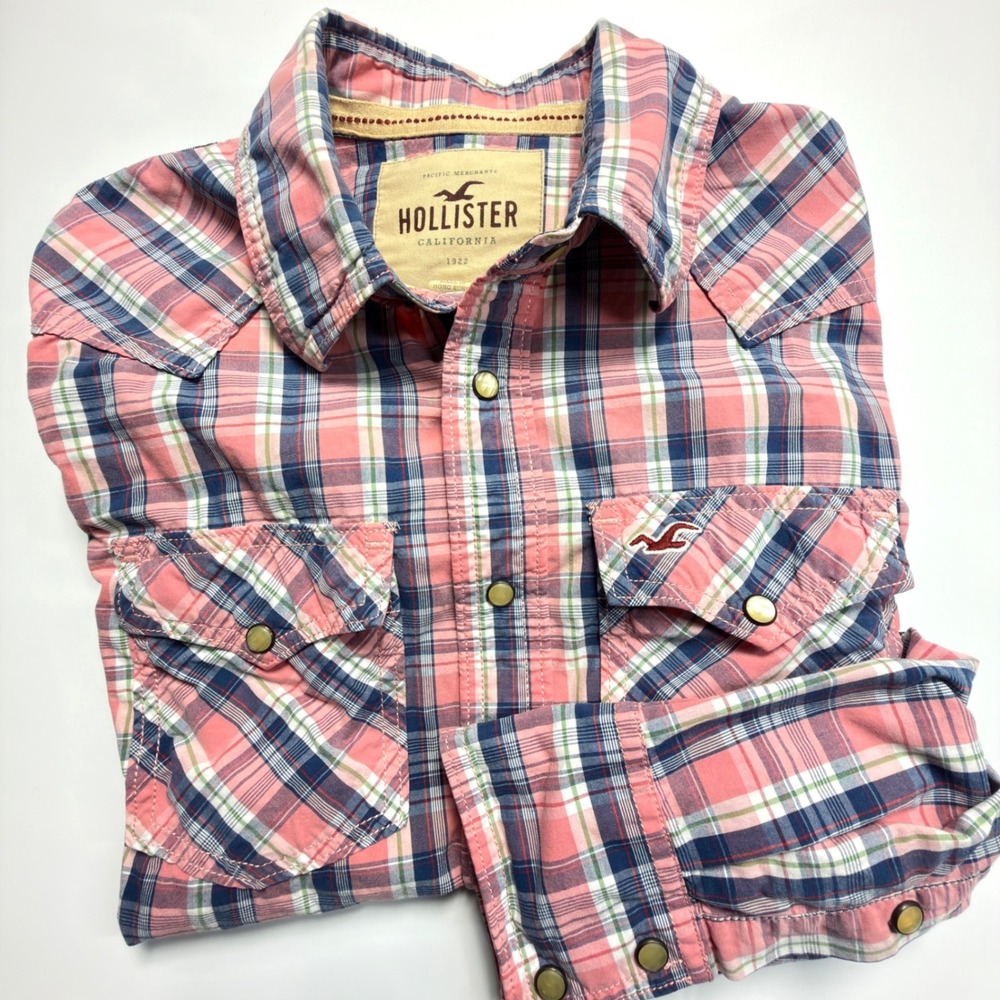 Hollister California Women's Pink Plaid Western‎ Pearl Snap Button Shirt Medium